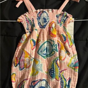 Mud Pie Baby Girl Fish Print Smocked Romper 3–6M
